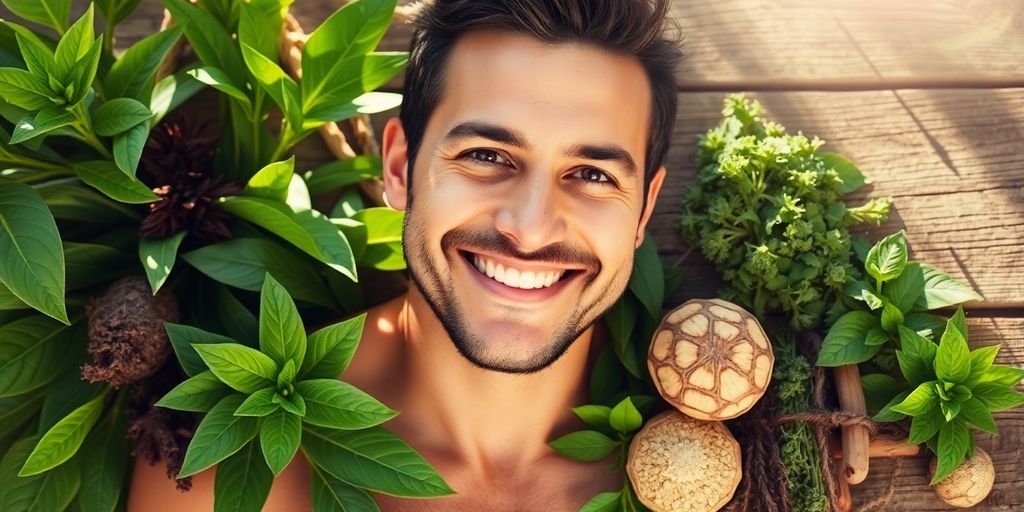Man happily holding natural herbs for vitality.