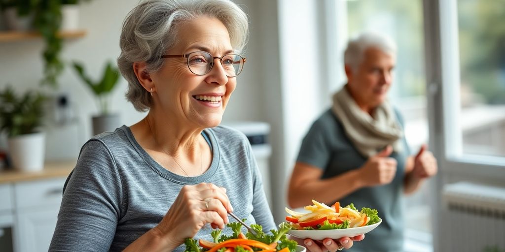 Woman over 50 exercising and eating healthy food.