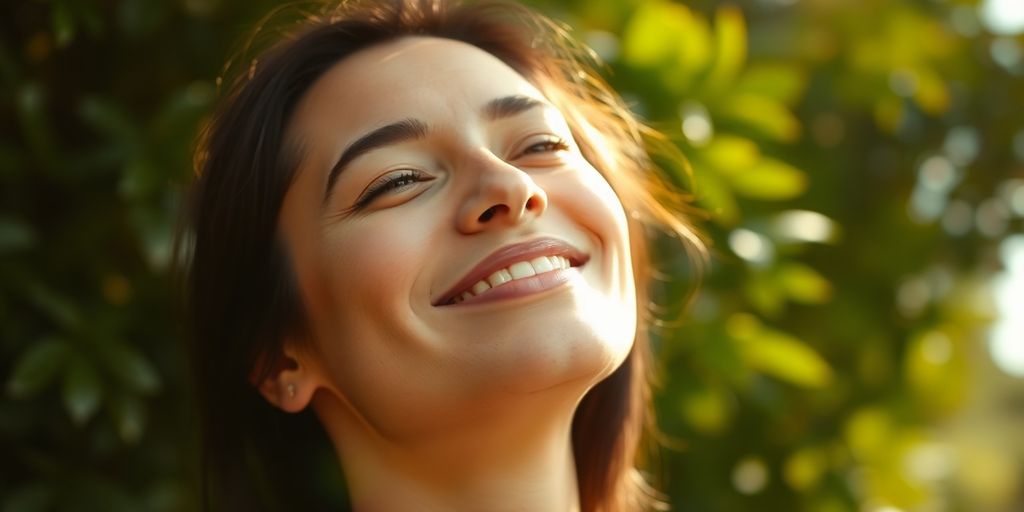 Person smiling peacefully outdoors.
