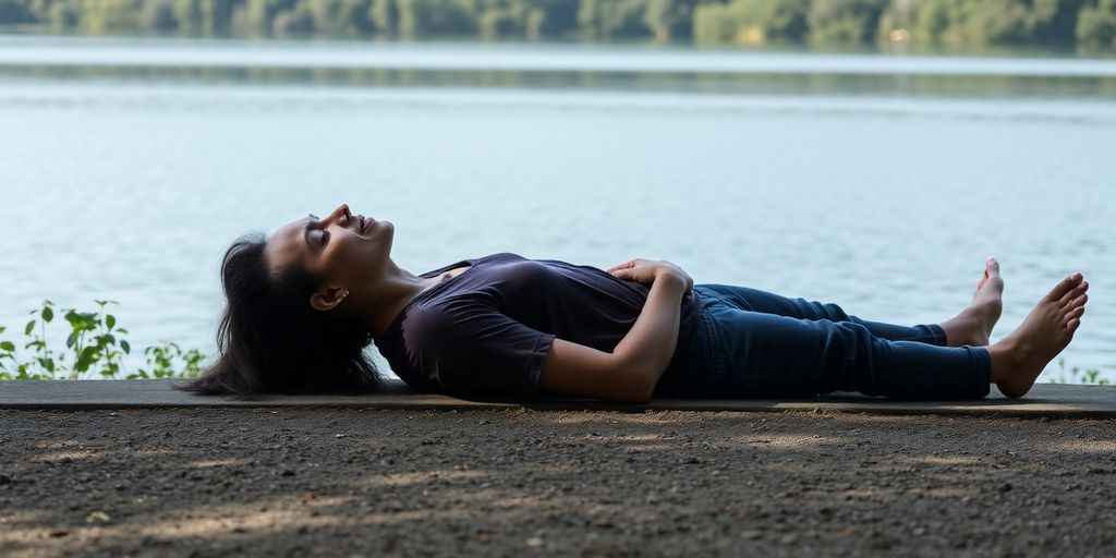 Person peacefully meditating outdoors in nature.
