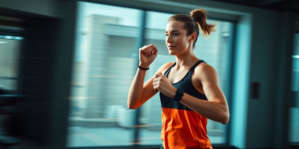 Person exercising with a speedometer indicating high speed.