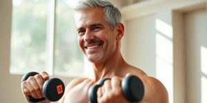 Man lifting weights, muscular arms visible.
