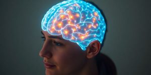 Person thinking with glowing brain.