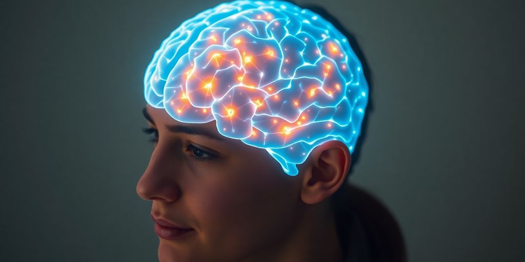 Person thinking with glowing brain.