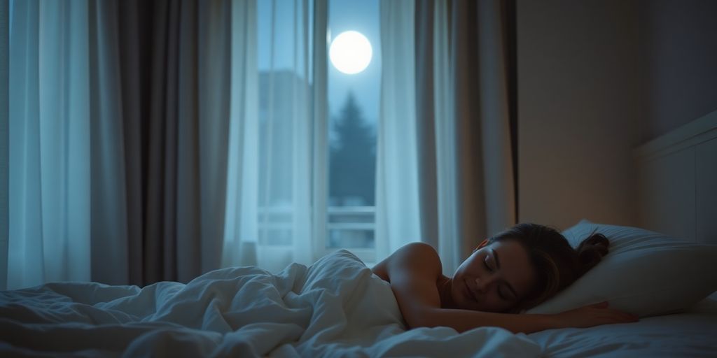 Person sleeping peacefully in a serene, softly lit bedroom.