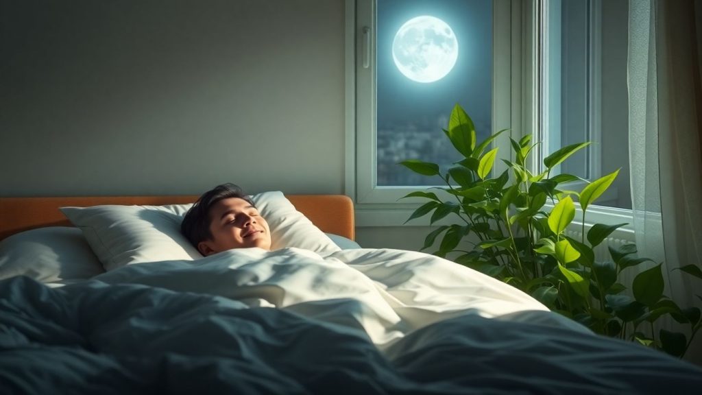 Person sleeping peacefully in a moonlit bedroom with plants.