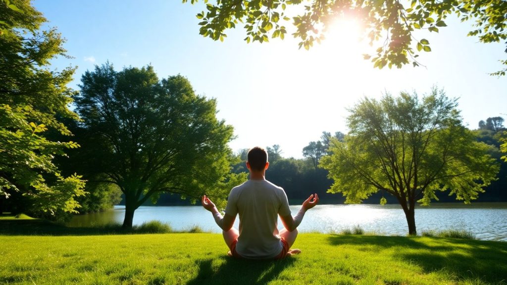 Person meditating peacefully in nature.