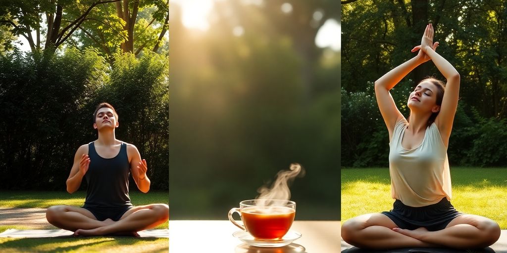 Person meditating, drinking tea, and stretching.