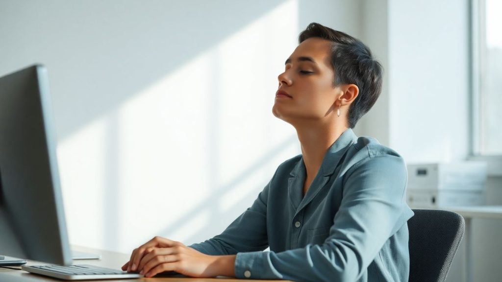 Person relaxing at desk, finding stress relief.