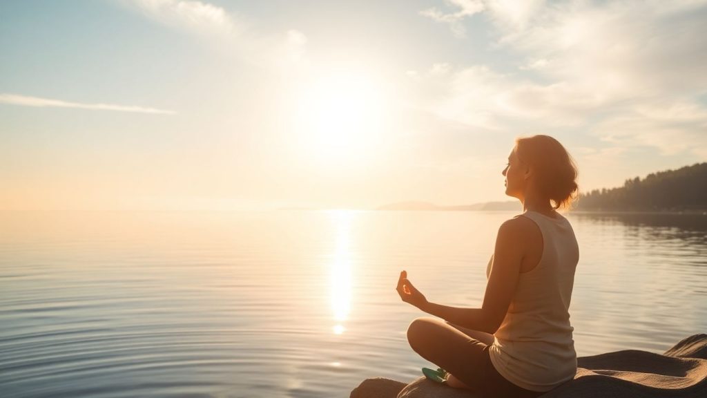 Person meditating by a calm lake at sunset.