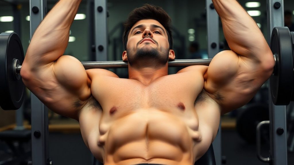 Person doing Smith machine bench press, chest and arms engaged.