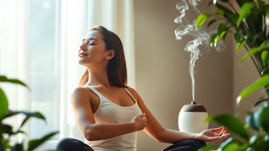 Woman relaxing with eyes closed in a peaceful setting.