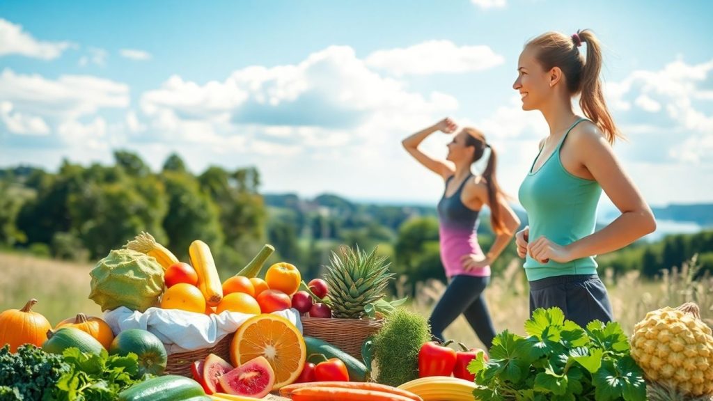 Healthy lifestyle with fruits, exercise, and nature.