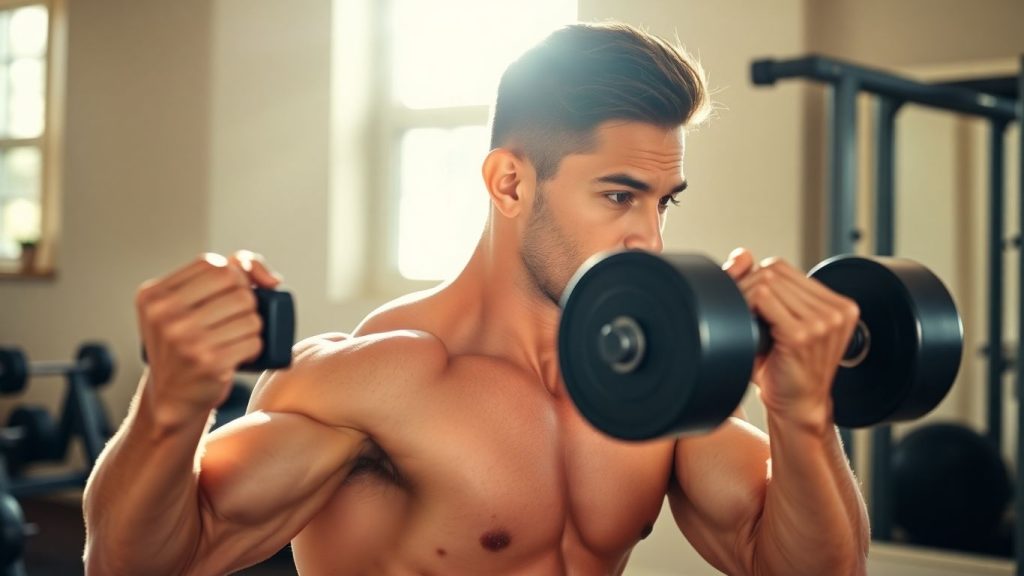Man doing dumbbell rows at home.