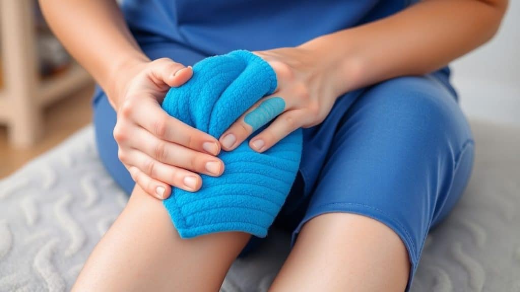 Person massaging knee with warm compress for pain relief.