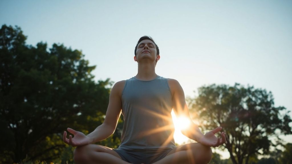 Person meditating peacefully in nature, feeling calm.