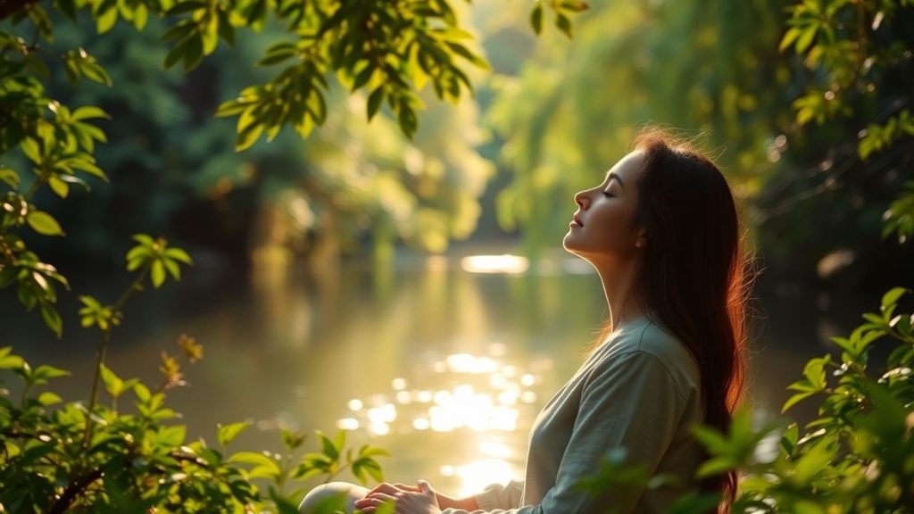 Person meditating peacefully in nature.