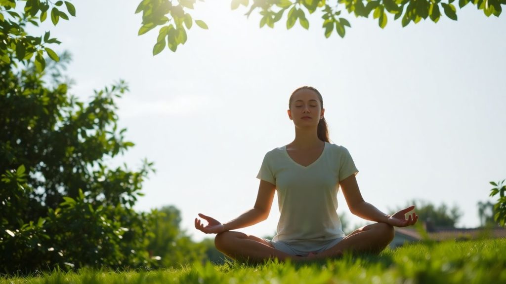 Person meditating outdoors for stress relief.