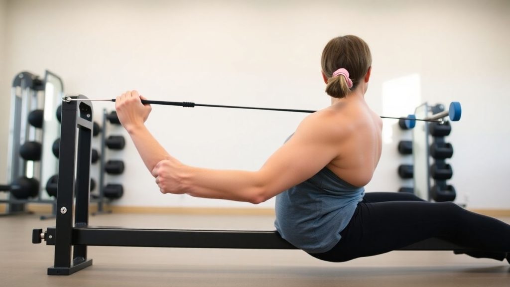 Person doing mid-back strengthening exercise with resistance band.